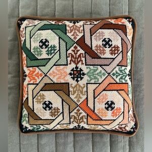 Vintage Handmade Geometric Needlepoint Throw Pillow